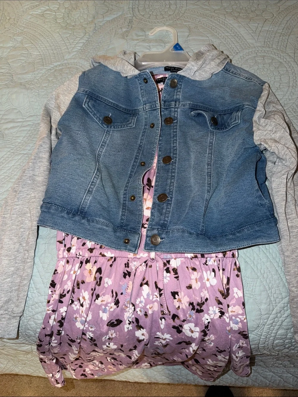 Kids Denim Hooded Jacket with Gray Sleeves and dress